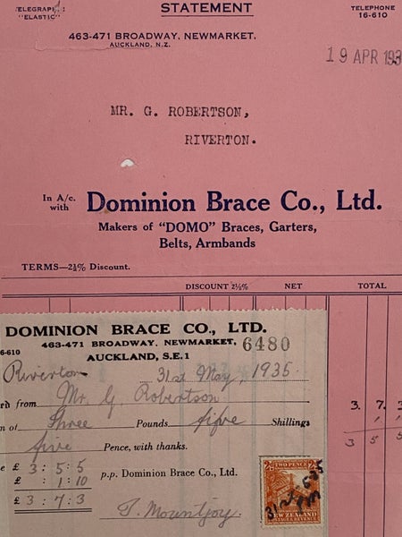 VINTAGE INVOICE: Dominion Brace Co, Ltd. Auckland - Domo Braces and Garters 1935 Carousel 1