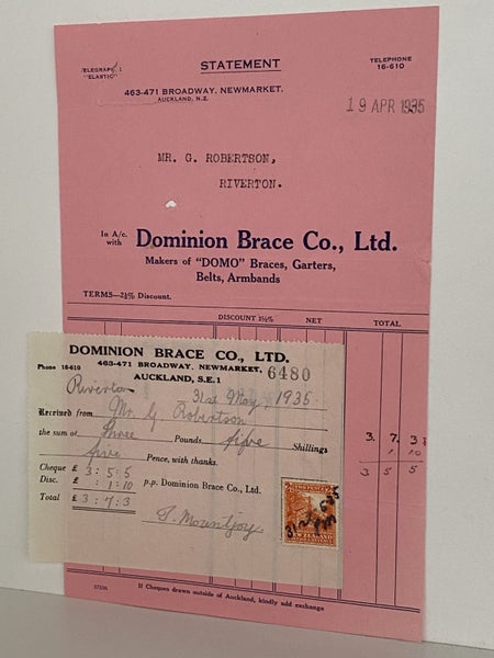 VINTAGE INVOICE: Dominion Brace Co, Ltd. Auckland - Domo Braces and Garters 1935 Carousel 2