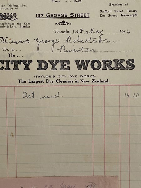 VINTAGE INVOICE: City Dye Works, Dunedin - Dry Cleaners 1934 Carousel 1