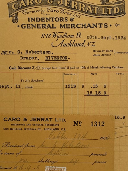 VINTAGE INVOICE: Caro & Jerrat Ltd. Auckland - Indentors & Merchants 1934 Carousel 1