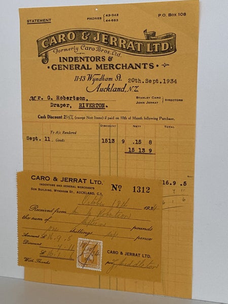 VINTAGE INVOICE: Caro & Jerrat Ltd. Auckland - Indentors & Merchants 1934 Carousel 2