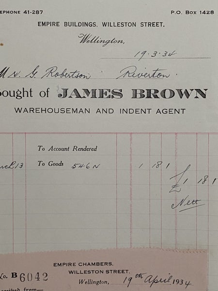 VINTAGE INVOICE: James Brown - Warehouseman and Indent Agent 1934 Carousel 1