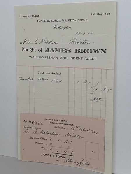 VINTAGE INVOICE: James Brown - Warehouseman and Indent Agent 1934 Carousel 2