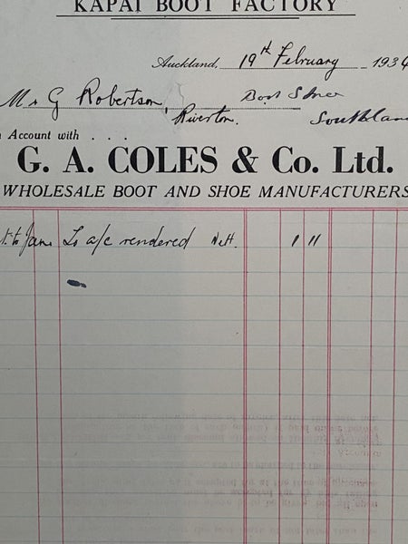 VINTAGE INVOICE: G.A. Coles & Co. Ltd, Auckland - Boot and Shoe Makers 1934 Carousel 1