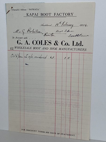 VINTAGE INVOICE: G.A. Coles & Co. Ltd, Auckland - Boot and Shoe Makers 1934 Carousel 2