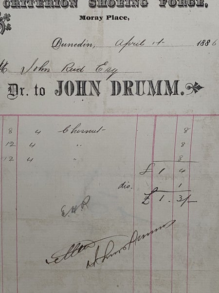 ANTIQUE INVOICE: John Drumm, Dunedin - Criterion Shoeing Force 1886 (138 yo) Carousel 1