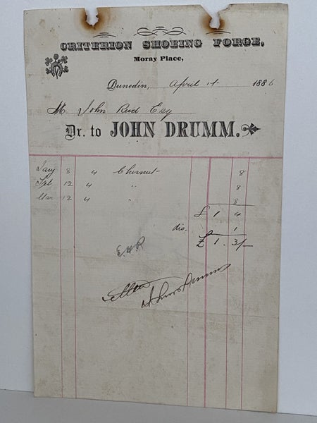 ANTIQUE INVOICE: John Drumm, Dunedin - Criterion Shoeing Force 1886 (138 yo) Carousel 2