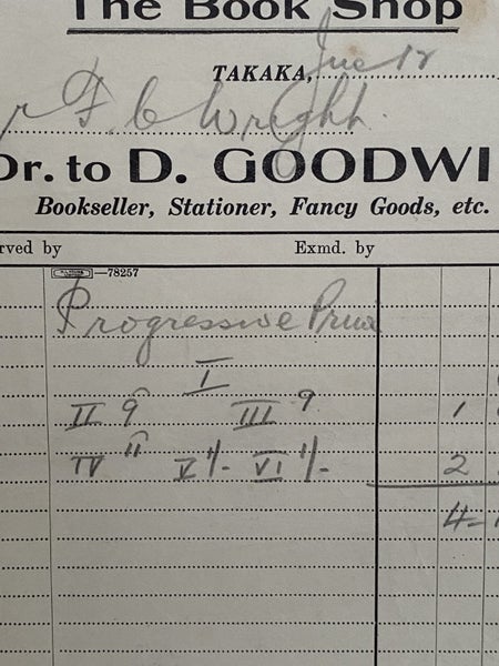 VINTAGE INVOICE: D. Goodwin, Takaka - Bookseller and Fancy Goods 1938 Carousel 1
