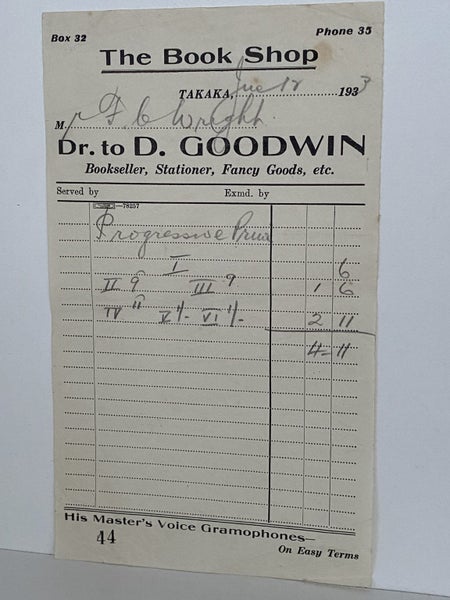 VINTAGE INVOICE: D. Goodwin, Takaka - Bookseller and Fancy Goods 1938 Carousel 2
