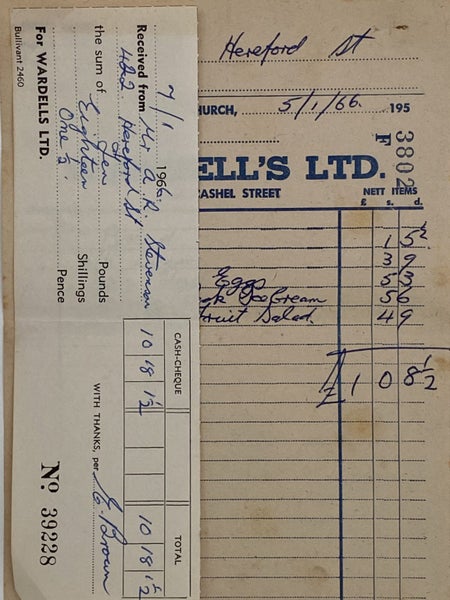 VINTAGE INVOICE: Wardell's Ltd, Christchurch 1966 Carousel 1