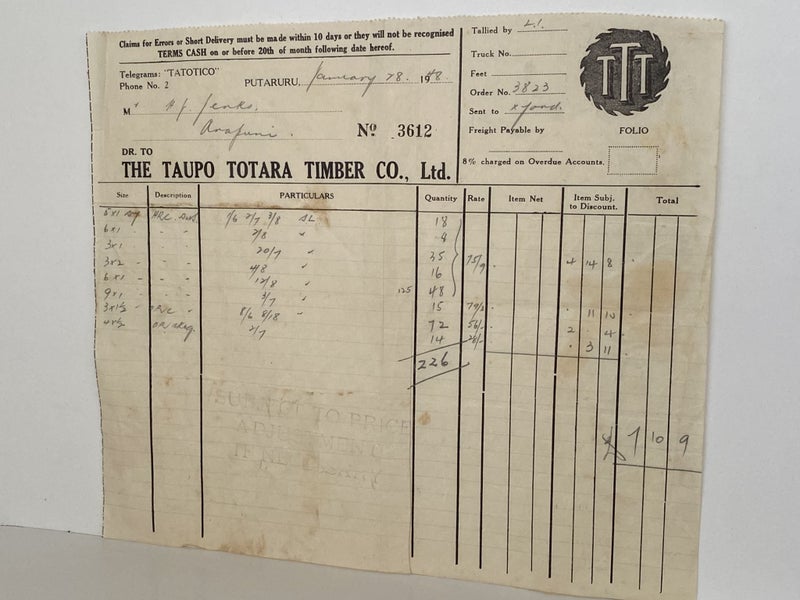 VINTAGE INVOICE: The Taupo Totora Timber Co. Ltd, Putararu 1948 Carousel 2