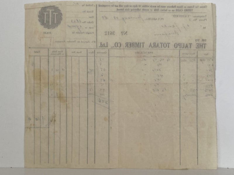 VINTAGE INVOICE: The Taupo Totora Timber Co. Ltd, Putararu 1948 Carousel 3