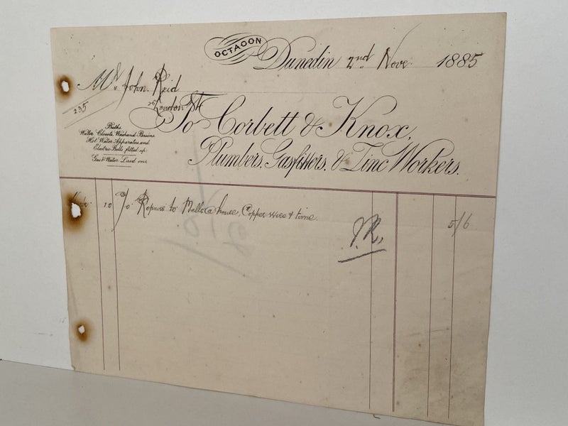 ANTIQUE INVOICE: Corbett & Knox, Dunedin - Plumbers and Gasfitters 1885 (139yo) Carousel 2