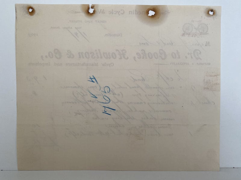 ANTIQUE INVOICE: Cooke, Howlison & Co, Dunedin - Cycles 1901 (123 yo) Carousel 1