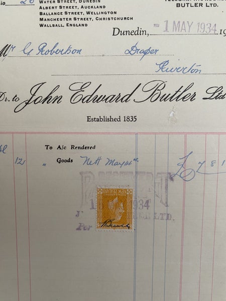 VINTAGE INVOICE: John Edward Butler, Dunedin 1934 Carousel 1