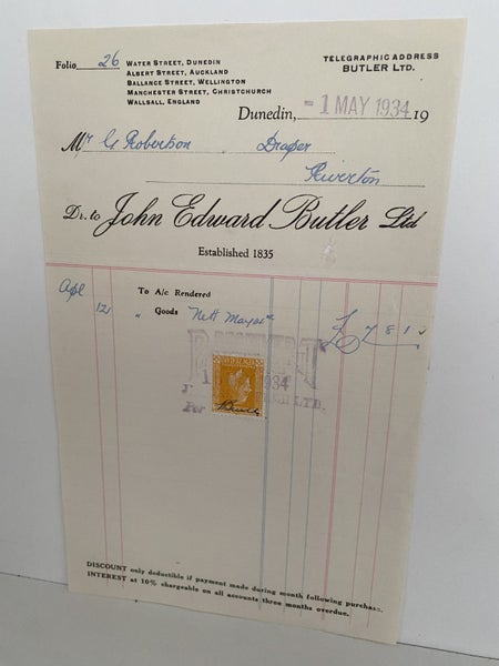 VINTAGE INVOICE: John Edward Butler, Dunedin 1934 Carousel 2