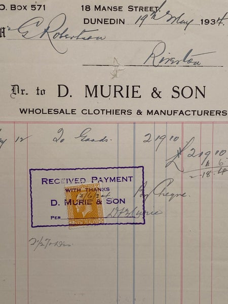 VINTAGE INVOICE: D. Murie & Son, Dunedin – Wholesale Clothiers 1934 Carousel 1