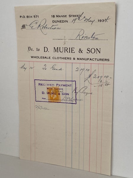 VINTAGE INVOICE: D. Murie & Son, Dunedin – Wholesale Clothiers 1934 Carousel 2