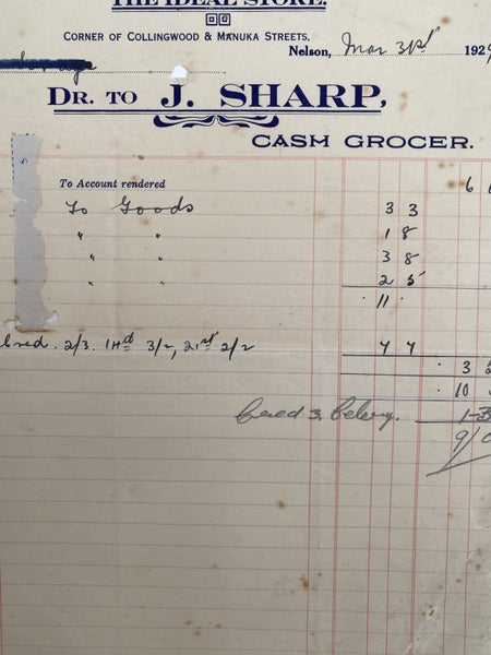 ANTIQUE INVOICE: J. Sharp, Nelson - Cash Grocer 1929 Carousel 1