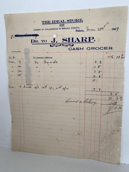 ANTIQUE INVOICE: J. Sharp, Nelson - Cash Grocer 1929 Carousel 2