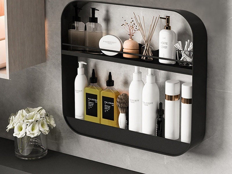 2-Tier Punch-Free Bathroom Wall Rack Wall-Mounted Cosmetics Storage Rack Black Carousel 2