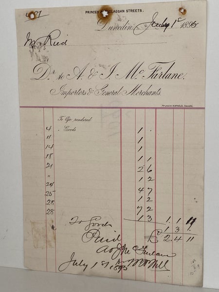 ANTIQUE INVOICE: A & J McFarlane, Dunedin - Importers & Merchants 1895 (128 yo) Carousel 2