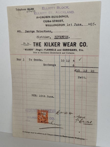 VINTAGE INVOICE: The Kilker Wear Co, Auckland 1935 Carousel 2