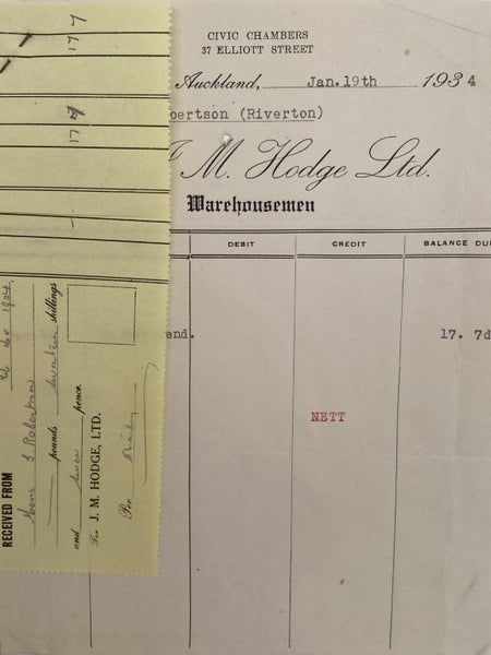 VINTAGE INVOICE: J. M. Hodge Ltd, Auckland - Warehousemen 1934 Carousel 1
