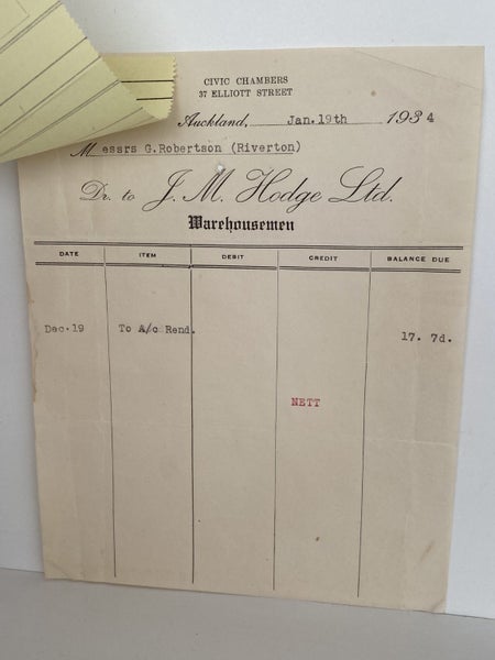 VINTAGE INVOICE: J. M. Hodge Ltd, Auckland - Warehousemen 1934 Carousel 3