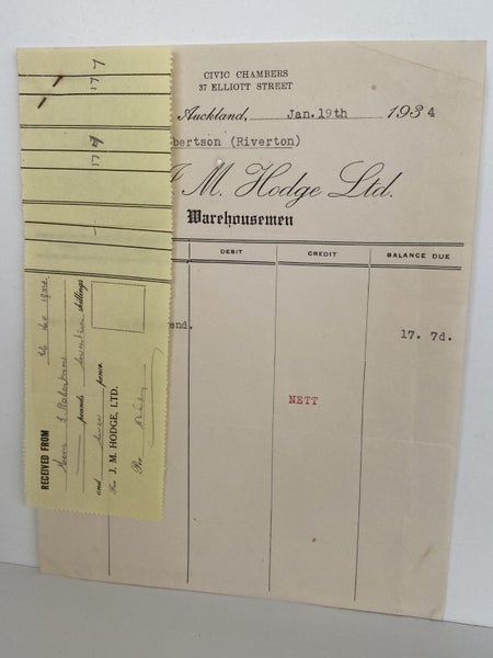 VINTAGE INVOICE: J. M. Hodge Ltd, Auckland - Warehousemen 1934 Carousel 2