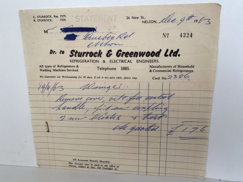 VINTAGE INVOICE: Sturrock & Greenwood Ltd. Nelson - Electrical Engineers 1963 Carousel 2