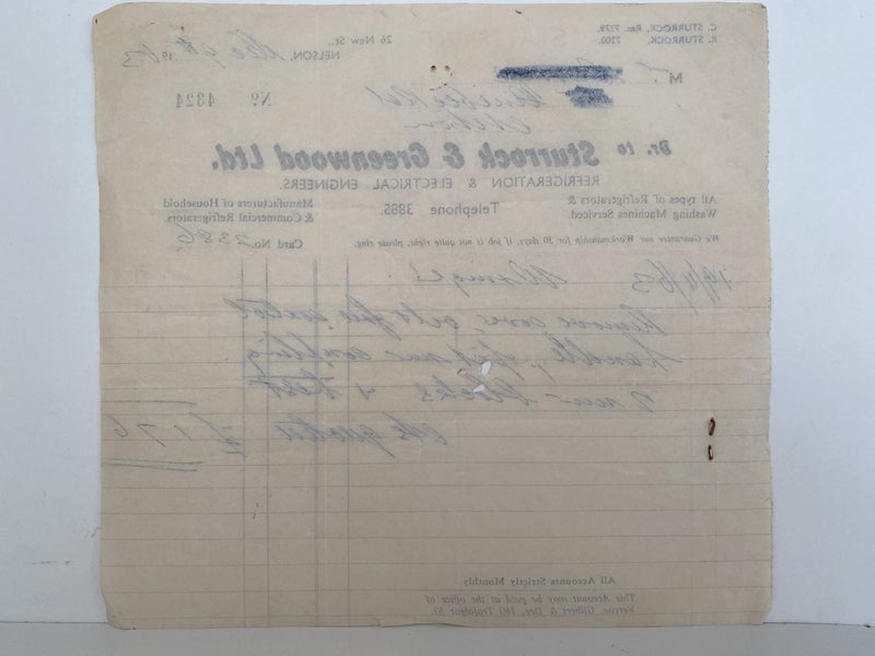 VINTAGE INVOICE: Sturrock & Greenwood Ltd. Nelson - Electrical Engineers 1963 Carousel 3