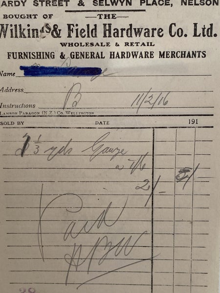 ANTIQUE INVOICE: Wilkins & Field Hardware Co Ltd, Nelson 1916 (108yo) Carousel 1