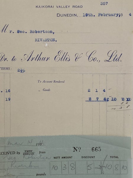 VINTAGE INVOICE: Arthur Ellis & Co. Ltd, Dunedin 1934 Carousel 1