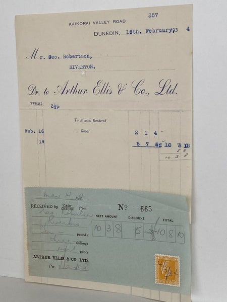 VINTAGE INVOICE: Arthur Ellis & Co. Ltd, Dunedin 1934 Carousel 2