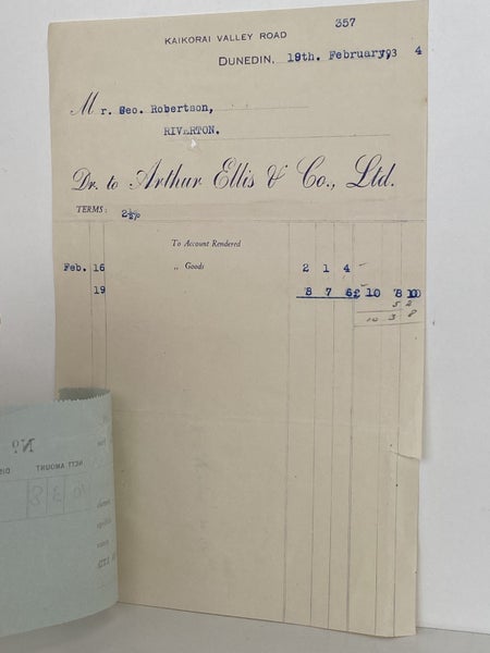 VINTAGE INVOICE: Arthur Ellis & Co. Ltd, Dunedin 1934 Carousel 3