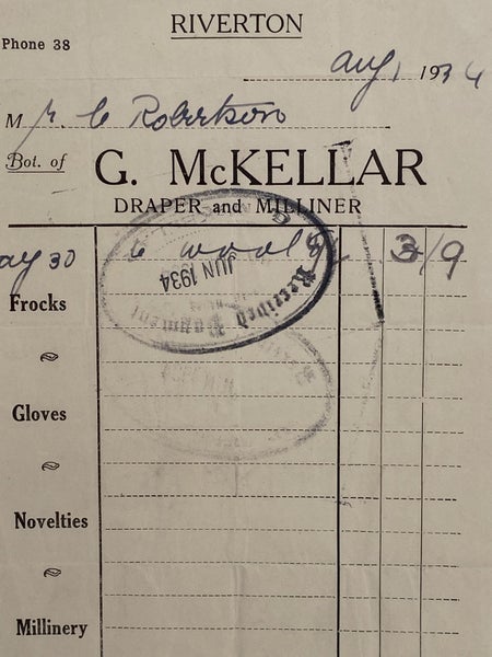VINTAGE INVOICE: G. McKellar, Riverton – Draper and Milliner 1934 Carousel 1
