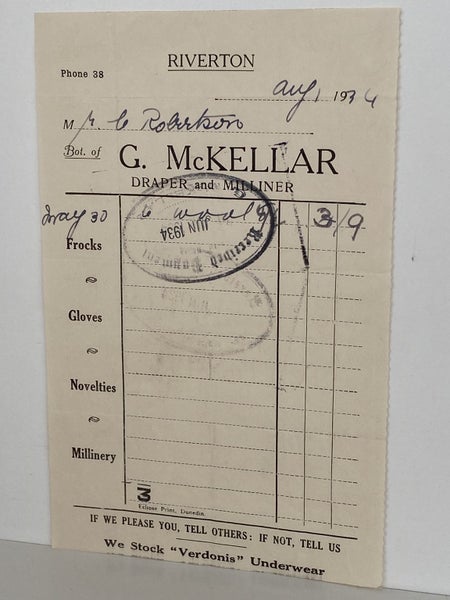VINTAGE INVOICE: G. McKellar, Riverton – Draper and Milliner 1934 Carousel 2