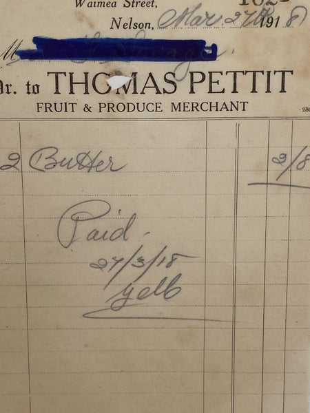 VINTAGE INVOICE: Thomas Pettit, Nelson - Fruit and Produce 1918 (106yo) Carousel 1