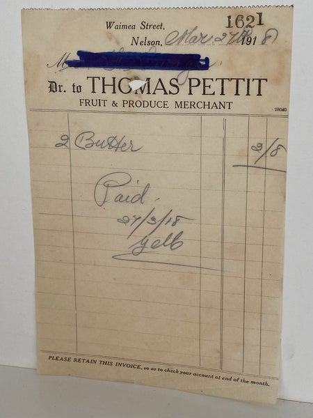 VINTAGE INVOICE: Thomas Pettit, Nelson - Fruit and Produce 1918 (106yo) Carousel 2