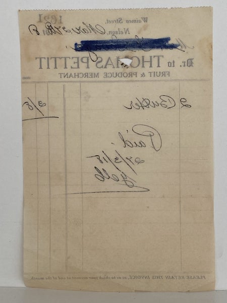VINTAGE INVOICE: Thomas Pettit, Nelson - Fruit and Produce 1918 (106yo) Carousel 3