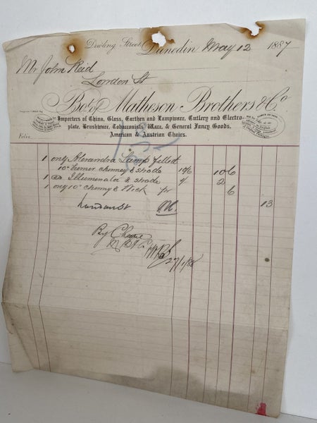 ANTIQUE INVOICE: Matheson Brothers & Co, Dunedin - China, Glass, Lampware 1887 Carousel 2