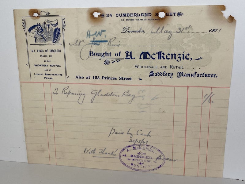 ANTIQUE INVOICE: A. McKenzie, Dunedin - Saddlery Manufacturer 1901 (125 yo) Carousel 2