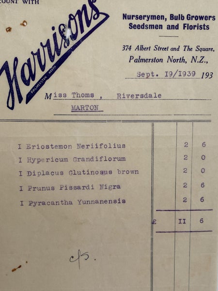 VINTAGE INVOICE: Harrisons, Palmerston North – Nurserymen, Seedsmen 1939 Carousel 1