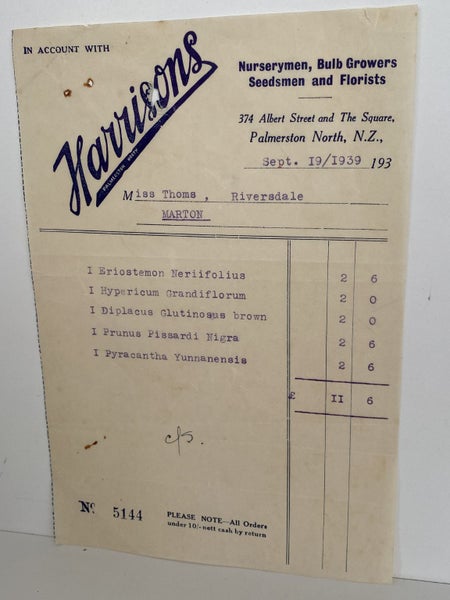 VINTAGE INVOICE: Harrisons, Palmerston North – Nurserymen, Seedsmen 1939 Carousel 2