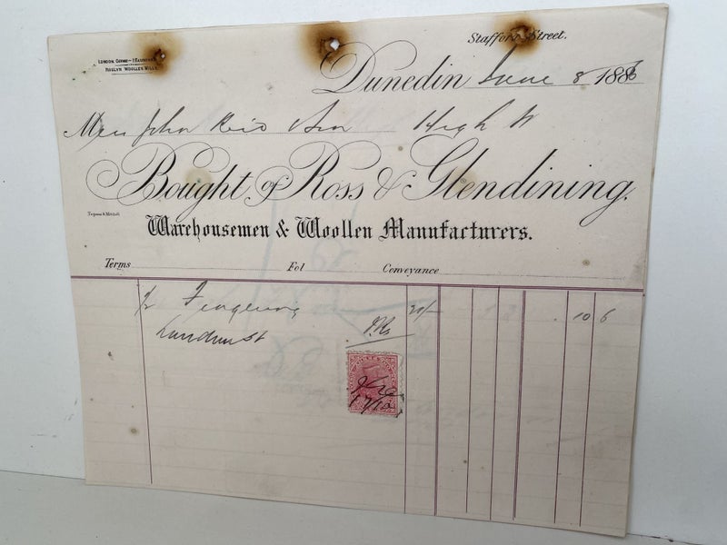 ANTIQUE INVOICE: Ross Glendining Ltd, Dunedin - Warehousemen & Woolens 1886 Carousel 2