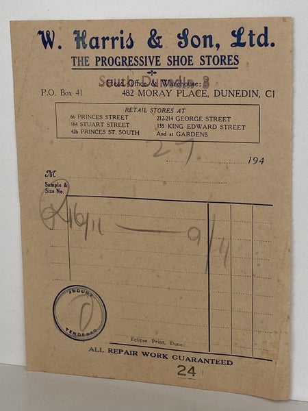 VINTAGE INVOICE: W. Harris & Son Ltd, Dunedin – The Progressive Shoe Stores 1940 Carousel 2