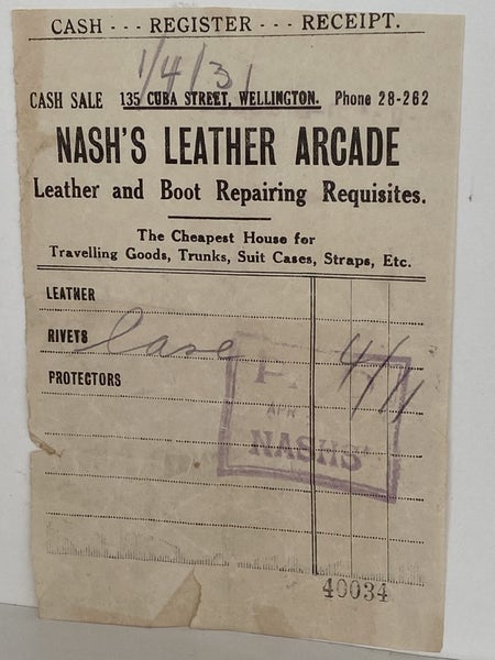 VINTAGE INVOICE: Nash’s Leather Arcade, Wellington – Leather & Boot Repairs 1931 Carousel 2