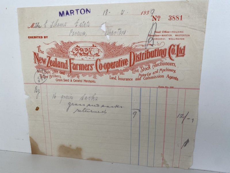 VINTAGE INVOICE: The New Zealand Farmers Co-operative Distributing Co. Ltd. 1939 Carousel 2