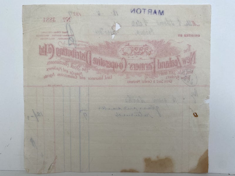 VINTAGE INVOICE: The New Zealand Farmers Co-operative Distributing Co. Ltd. 1939 Carousel 3